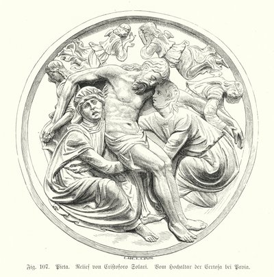 Pieta, płaskorzeźba Cristoforo Solari z ołtarza głównego Certosa di Pavia, Włochy (rycina) autorstwa German School