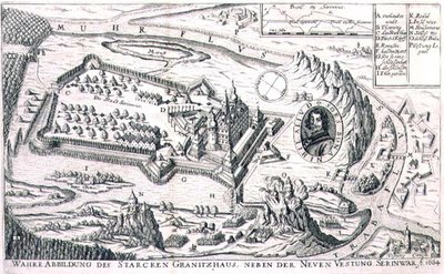Plan twierdzy granitowej w pobliżu New Serinwar w 1664 r., ilustracja z księgi o kampaniach osmańskich w Europie, sztychowana przez Paula Fursta (ok.1605-66) (rycina) autorstwa German School