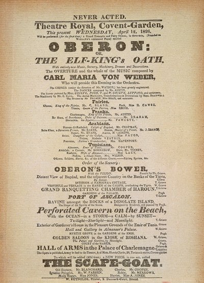 Afisz prawykonania „Oberona” Carla Marii von Webera w Convent Garden, Londyn, 12 kwietnia autorstwa German School