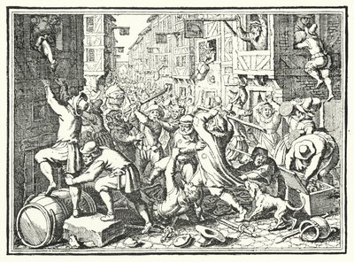 Splądrowanie Judengasse, żydowskiego getta we Frankfurcie, podczas powstania Fettmilch, 1614 autorstwa German School