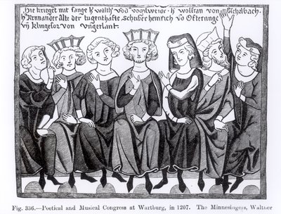 Kongres poetycko-muzyczny, Wartburg, 1207, ilustracja z Nauki i literatury w średniowieczu i renesansie, napisana i rytowana przez Paula Lacroix, 1878 autorstwa German School