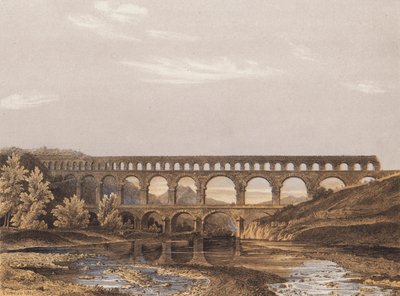 Pont du Gard, rzymski akwedukt, Nimes, Francja (kolorowa litografia) autorstwa German School