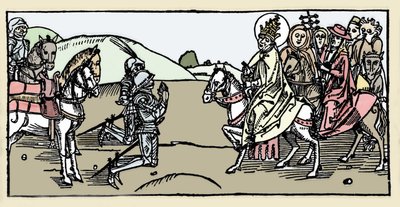 Papież Leon I spotyka Attylę i Arrete - Najazdy barbarzyńców - Rycina z "Leben der Heiligen - sommerteil" (Księga Świętego) Jakuba (Jakuba) z Voragine (1228-1298). Lubeka 1488. autorstwa German School