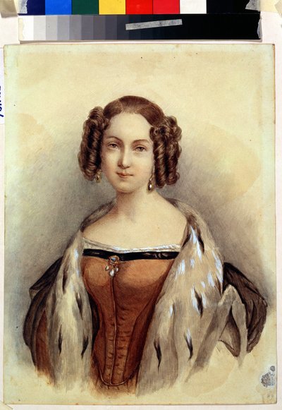 Portret księżnej Marii z Hesji i Renu (1824-1880), która zostanie cesarzową Rosji (Portret księżnej Marii z Hesji i Renu, przyszłej cesarzowej Rosji). Anonimowe malowanie. Akwarela na papierze, 39,3 x 23 cm, koniec 1830. Sztuka niemiecka autorstwa German School