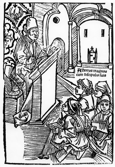 Portret Albertusa Magnusa z kilkoma jego uczniami, ilustracja do karty tytułowej Epitomaty, reparacji, czyli całej filozofii przyrody Arystotelesa. Gerardus de Harderwyck, opublikowany 14 autorstwa German School