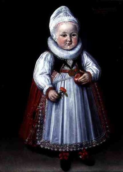 Portret małego dziecka trzymającego jabłko i kwiatek (olej na płótnie) autorstwa German School