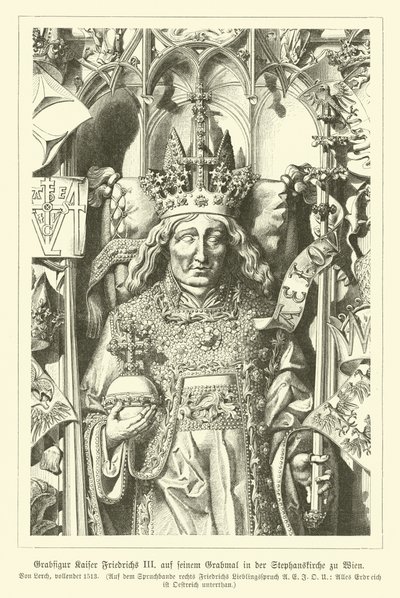 Portret świętego cesarza rzymskiego Fryderyka III z jego grobu w katedrze św. Szczepana w Wiedniu (rycina) autorstwa German School