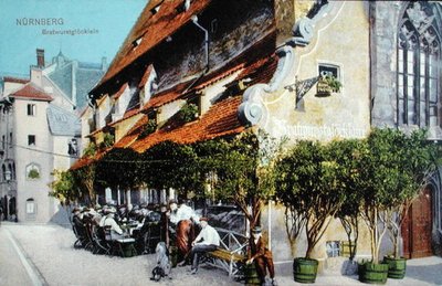 Pocztówka przedstawiająca restaurację Bratwurstglocklein w Nuernberg, przed 1914 r. (zdjęcie kolorowe) autorstwa German School