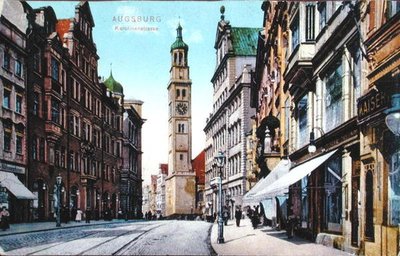 Pocztówka przedstawiająca Karolinenstrasse w Augsburgu, ok. 1910 (zdjęcie kolorowe) autorstwa German School