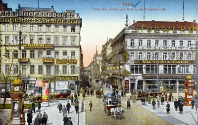 Pocztówka przedstawiająca Unter den Linden i Friedrichstrasse w Berlinie, ok. 1910 (zdjęcie kolorowe) autorstwa German School