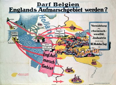 Plakat wyrażający niemiecki niepokój związany z proponowaną budową tunelu pod kanałem La Manche, łączącego Belgię i Anglię, ok. 1914-18 autorstwa German School