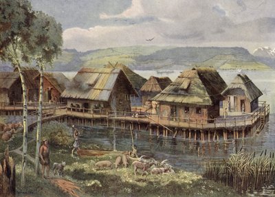 Prehistoryczna europejska wioska nad jeziorem (kolorowa litografia) autorstwa German School
