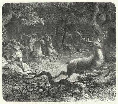 Prehistoryczni mężczyźni używający koni do polowania (rycina) autorstwa German School