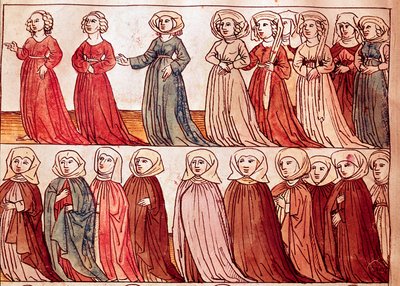 Procesja kobiet z Cyganerii. Miniatura z „Kroniki soboru w Konstancji” Ulricha Richentala (1360-1437) 1438 ok. Praga, biblioteka narodowa autorstwa German School