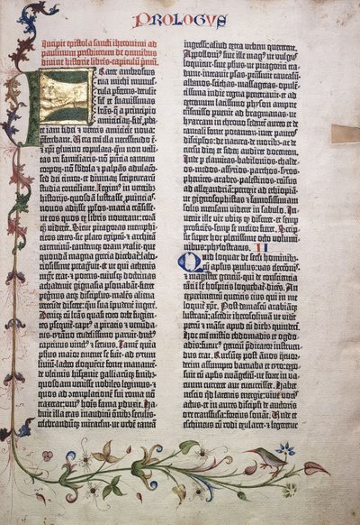 Folio prologu ze złotą i zieloną literą „F” i obramowaniem z liści, kwiatów, pnączy i ptaka, 1455 autorstwa German School