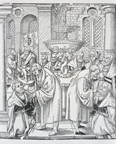 Reformatorzy Marcin Luter i Jan Hus udzielający Komunii (grafika) autorstwa German School