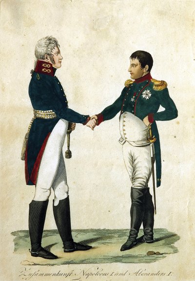 Spotkanie Napoleona (1769-1821) i cara Aleksandra I (1777-1825). (Spotkanie Napoleona i Aleksandra I). Anonimowa praca, grawerowanie i akwarela autorstwa German School