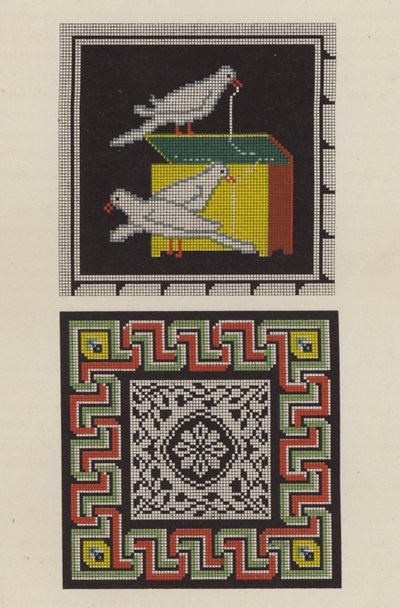 Reprodukcja mozaiki podłogowej z Pompejów jako haftu (chromolitho) autorstwa German School