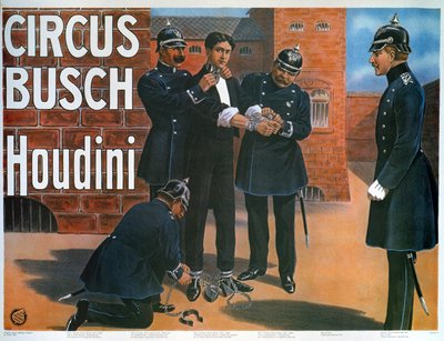 Reprodukcja plakatu z 1907 roku przedstawiającego Houdiniego przed ucieczką z niemieckiego więzienia autorstwa German School