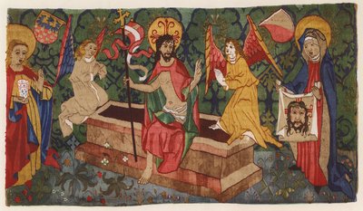 Zmartwychwstanie Jezusa Chrystusa, gobelinowy front ołtarza, Aargau, Szwajcaria, koniec XV wieku (kolorowa litografia) autorstwa German School