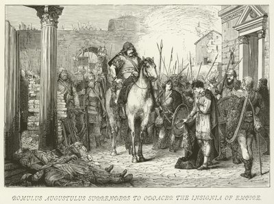 Romulus Augustulus poddaje się Odoacerowi, Insygniom Imperium autorstwa German School