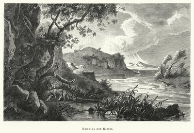 Romulus i Remus, legendarni założyciele starożytnego Rzymu, karmieni przez wilczycę na pustyni (rycina) autorstwa German School