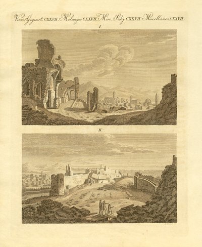 Ruiny starego miasta Sagunto w Hiszpanii (kolorowy grawerunek) autorstwa German School