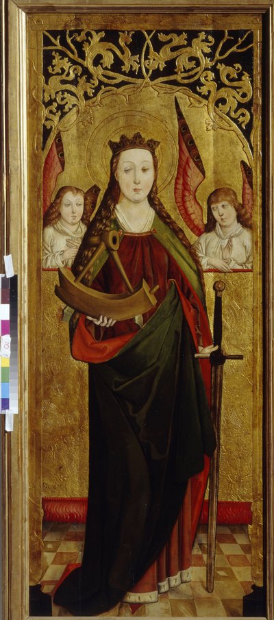 Święta Katarzyna Aleksandryjska (ok. 290-307) (św. Katarzyna). Niosący kawałek koła tortur męczeństwa. Obraz mistrza westfalskiego (czynny w latach 1470-1480), olej na drewnie, ok. 1470-1480. sztuka niemiecka autorstwa German School
