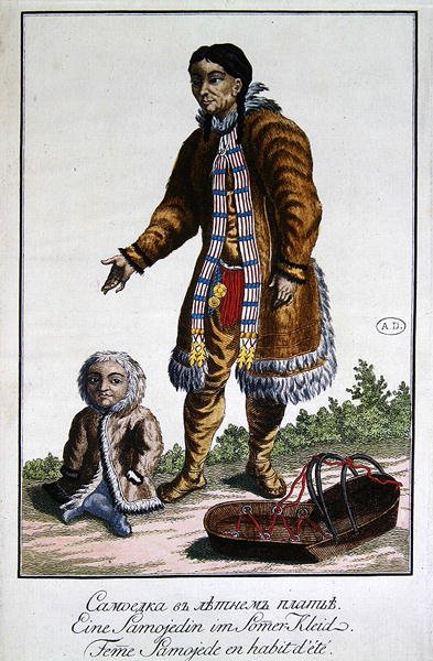 Samojedka w letnim stroju z dzieckiem i kołyską, koniec XVIII w. (kolorowa grawerunek) autorstwa German School