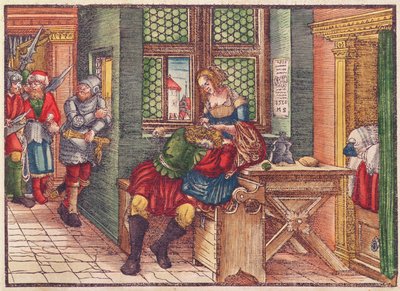 Samson i Dalila, z Biblii Lutra, ok. 1530 (kolorowy drzeworyt) autorstwa German School