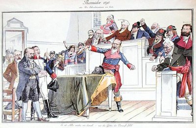 Komiks satyryczny przedstawiający aferę Dreyfusa jako proces rewolucyjny autorstwa German School