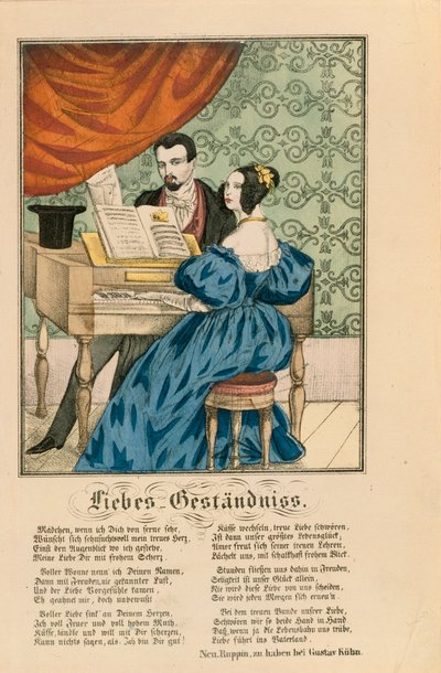 Scena przedstawiająca parę przy fortepianie, pod spodem zapisany wiersz miłosny, z Neuruppiner Bilderbogen, 1850 autorstwa German School