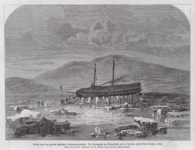 Schooner Germania na Sabine Island u wschodniego wybrzeża Grenlandii, druga niemiecka wyprawa polarna północna, koniec października 1869 (rycina) autorstwa German School
