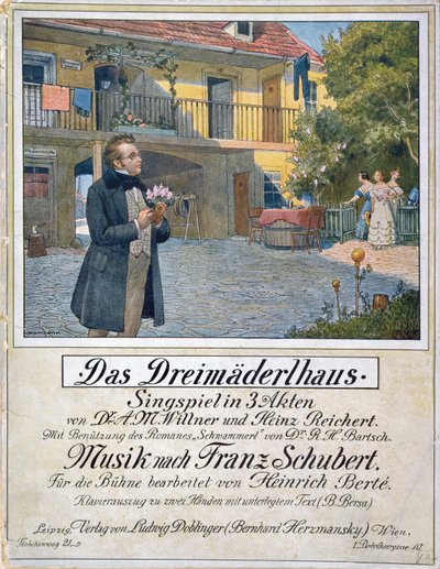 Okładka partytury Das Dreimaederlhaus (Dom Trzech Dziewczyn) przedstawiająca Schuberta przed domem, 1916 autorstwa German School