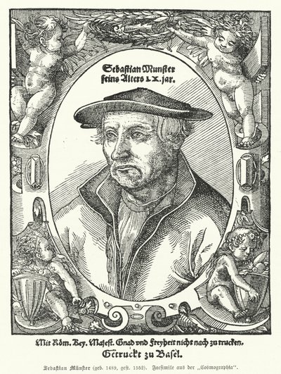 Sebastian Muenster, niemiecki kartograf, kosmograf i autor Kosmografii, najwcześniejszego dzieła opisującego świat po niemiecku (grafika) autorstwa German School