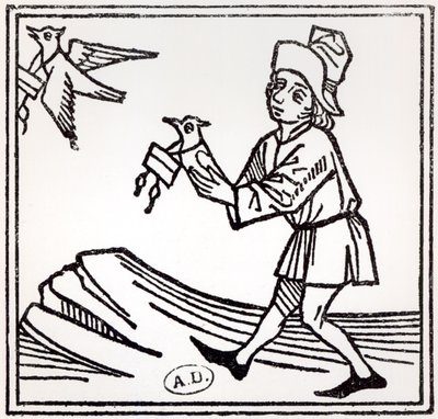Wysyłanie listu przez Pigeon Post, 1488 autorstwa German School