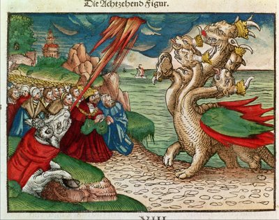 Siedmiogłowy wąż z Księgi Objawienia, z Biblii Lutra, ok. 1530 (kolorowy drzeworyt) autorstwa German School