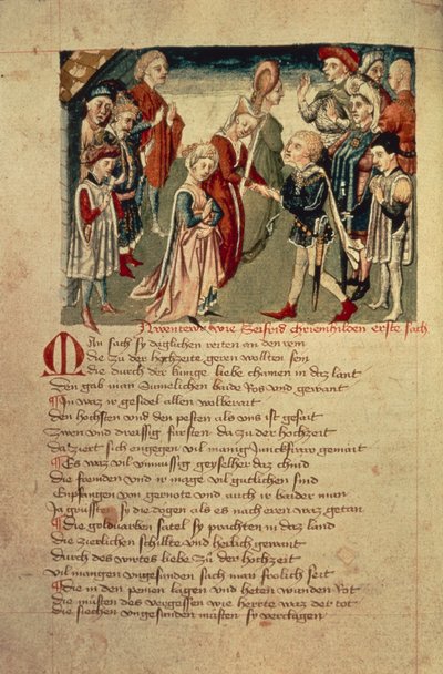Siegfried widzi Kreimhild po raz pierwszy, z „Hundeshagen Nibelungen Codex” (welum) autorstwa German School