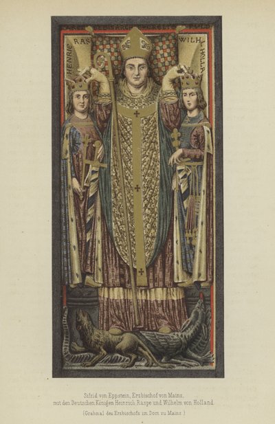 Siegfried von Eppstein, arcybiskup Moguncji od 1230 do 1249 roku, z niemieckimi królami Henrykiem Raspe, landgrafem Turyngii i Wilhelmem II holenderskim, hrabią Holandii i Zelandii (kolor lito) autorstwa German School