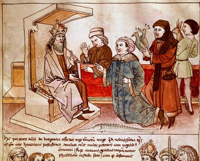 Zygmunt I Luksemburczyk (1368-1437), cesarz Świętego Cesarstwa otrzymuje daninę ludów uległych. Miniatura z „Kroniki soboru w Konstancji” Ulricha Richentala (1360-1437) 1438 ok. Praga, biblioteka narodowa autorstwa German School