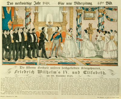Srebrna rocznica ślubu Fryderyka Wilhelma IV Pruskiego i jego żony Elżbiety Ludowiki Bawarskiej, 1848 (kolor lito) autorstwa German School