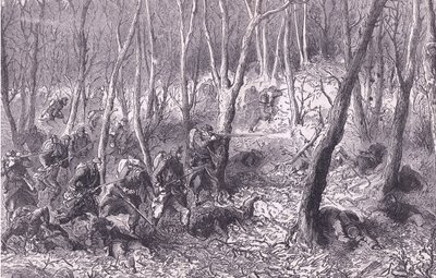 Potyczka w lasach pod Paryżem, Cassells History of the War between France and Germany, wydana przez Cassell and Company Limited, c.1890 (lito) autorstwa German School