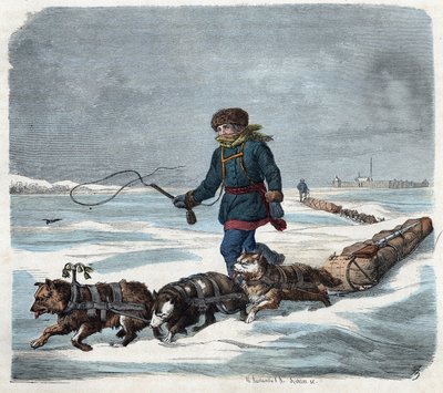 Pies zaprzęgowy w śniegu Ameryki. W „”Wenn Jemand eine Reise tut, so kann er was erhalten”” (Kiedy ktoś podróżuje, to może powiedzieć), niemiecka opowieść Franza Wiedemanna autorstwa German School