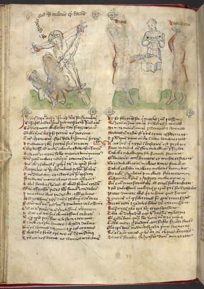 Sloane 361, f.25v Podniesienie Krzyża; Jubal i Tubal-Kain, z „Speculum Humanae Salvation” (tusz i kolor na welinie) autorstwa German School