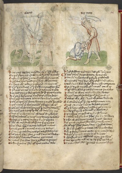 Sloane 361, f.26 Męczeństwo Izajasza; Król Moab składa w ofierze swojego syna, z „Speculum Humanae Salvation” (tusz i kolor na welinie) autorstwa German School