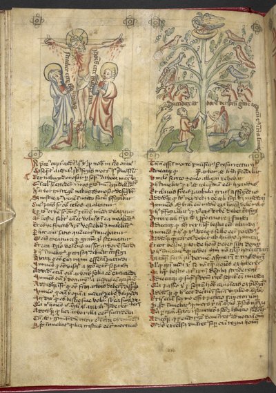 Sloane 361, f.26v Nabuchodonozor widzi we śnie drzewo; Ukrzyżowanie, z „Speculum Humanae Salvation” (tusz i kolor na welinie) autorstwa German School
