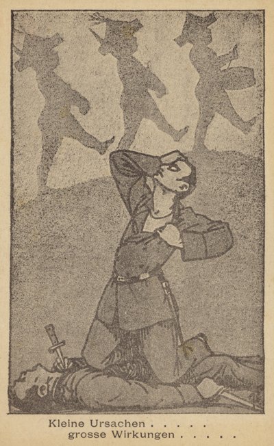 Małe przyczyny - wielkie skutki. Niemiecka ilustracja antywojenna, wydana przez WILPF (Międzynarodową Ligę Kobiet na rzecz Pokoju i Wolności), koniec lat dwudziestych (litografia). autorstwa German School