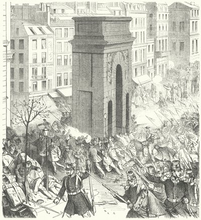 Żołnierze na ulicach Paryża podczas francuskiego zamachu stanu w grudniu 1851 r. (rycina) autorstwa German School