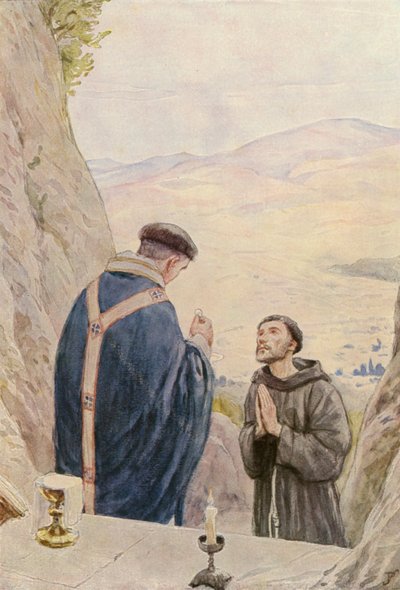 Franciszek odprawiający mszę z bratem Leonem (kolorowa litografia) autorstwa German School