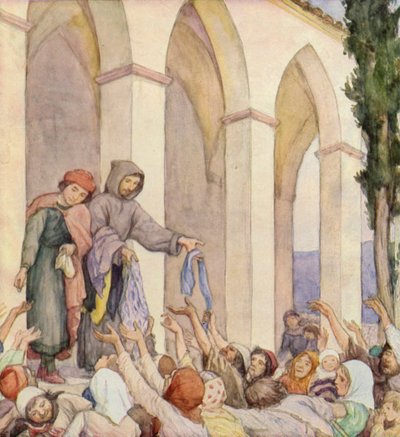 Święty Franciszek pomagający ubogim (kolorowa litografia) autorstwa German School